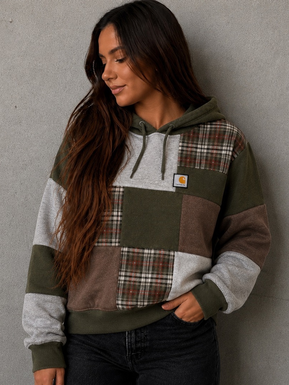 Carhartt Handmade Upcycled Patchwork Flannel Green Brown Relaxed Baggy Hoodie
